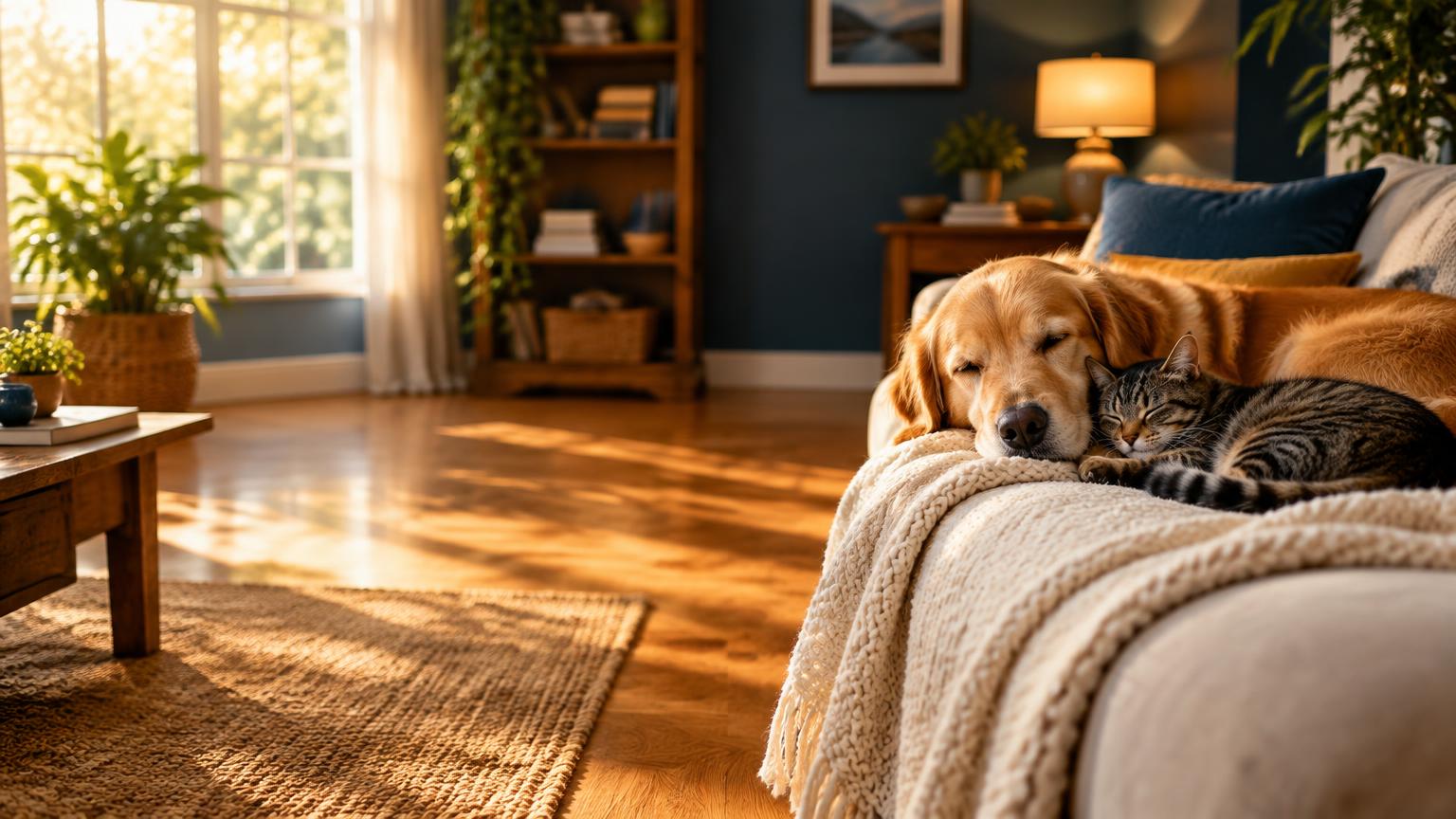 A golden retriever and a tabby cat asleep together on a knitted blanket in a sunlit living room
