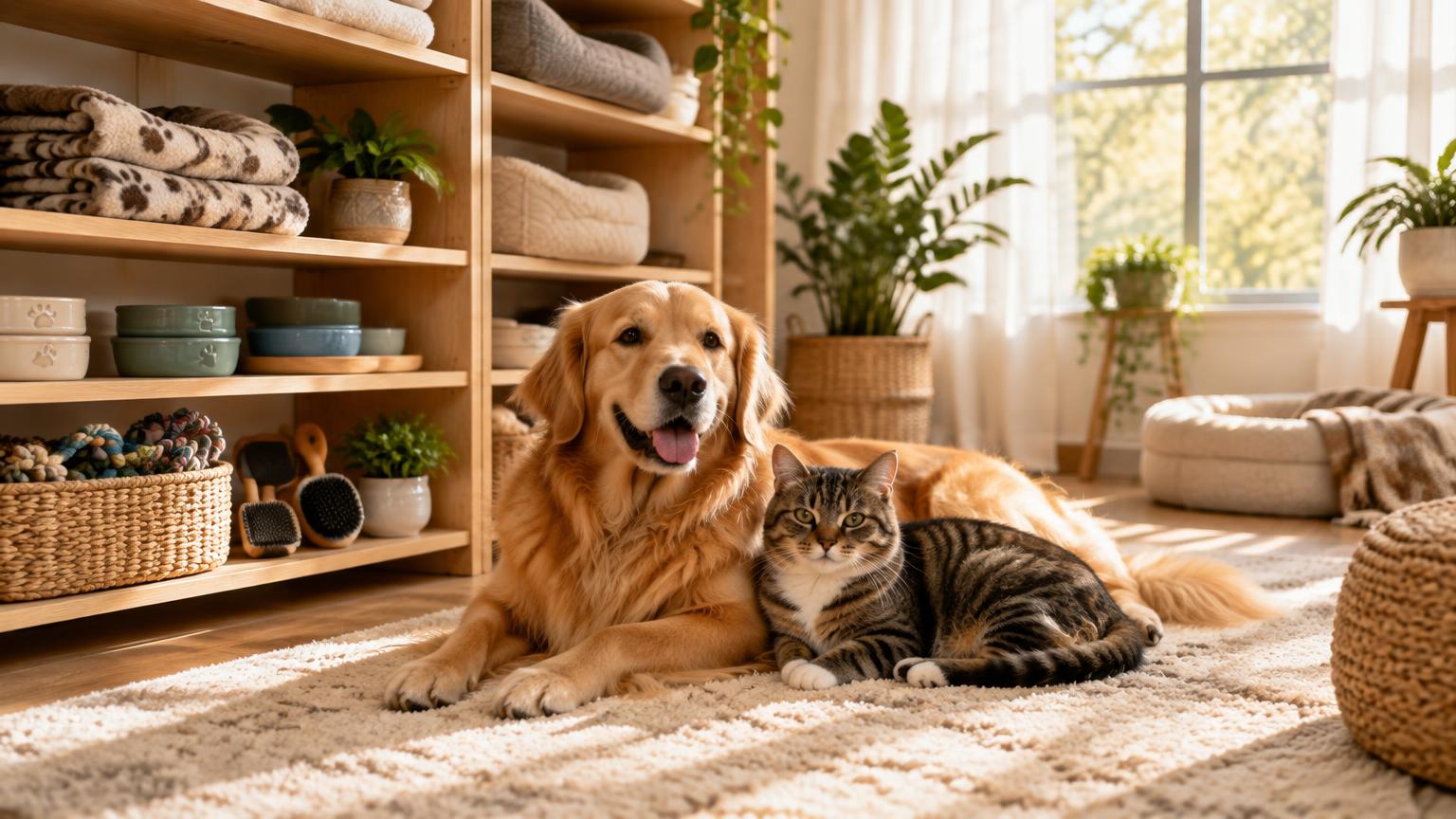 A golden retriever and a tabby cat resting together on a soft rug in a bright pet resource center lounge