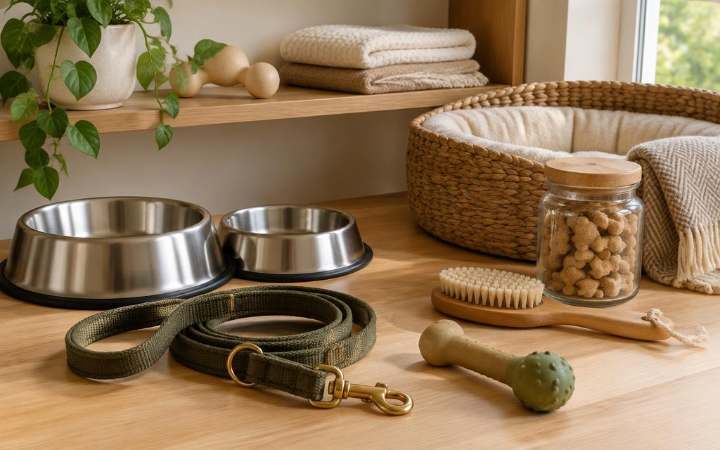 Pet bowls, a leash, a grooming brush, chew toys and a woven pet bed arranged on a light wood table