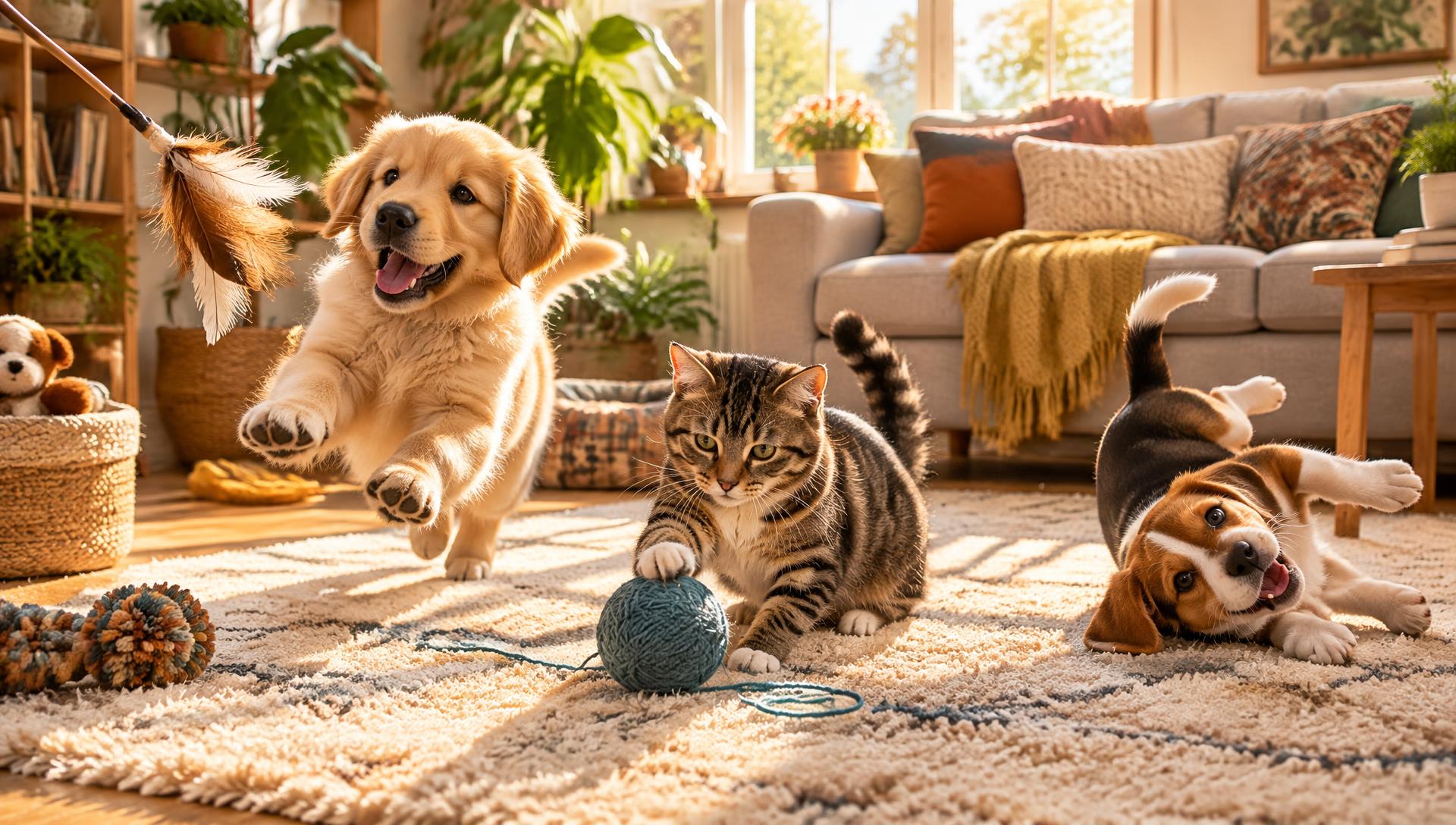Happy dogs and cats playing together in a warm, sunlit family living room